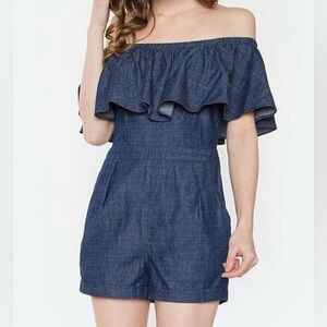 Storee Dark Chambray Off Shoulder Shorts Romper 100% Cotton Navy Small Like New